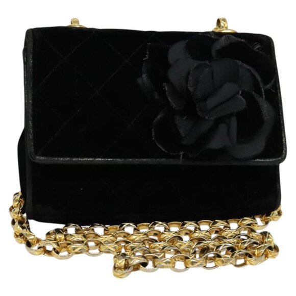 CHANEL Matelasse Camellia Chain Shoulder Bag Velor Black Gold CC Auth bs26015 - Picture 1 of 16